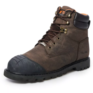 A pair of work boots with black toe caps.