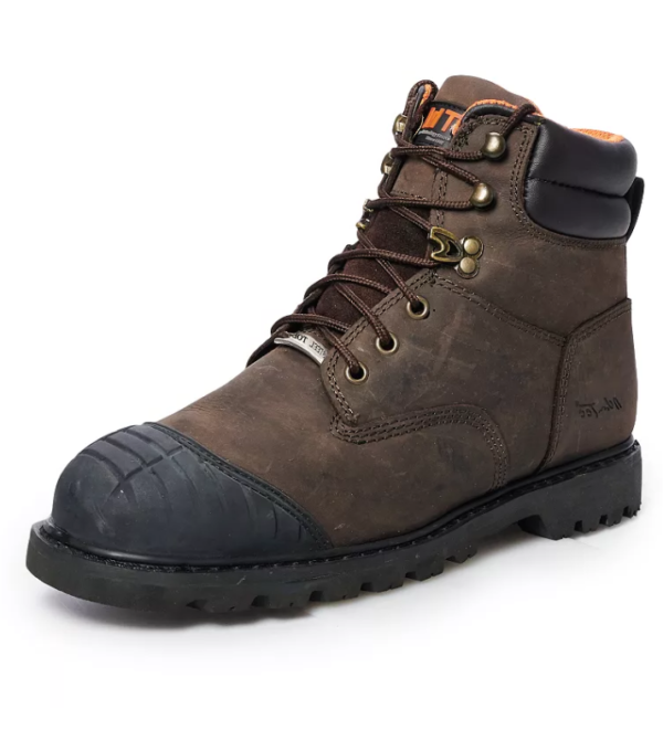 A pair of work boots with black toe caps.