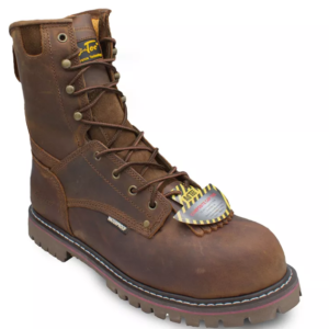 A brown work boot with a heart on the side of it.