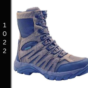 A pair of boots that are blue and grey.