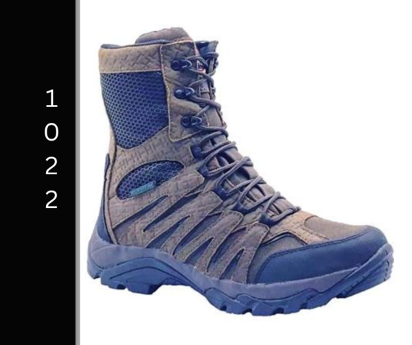 A pair of boots that are blue and grey.