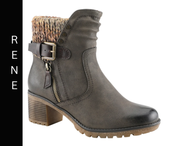 A brown boot with a knitted top on it.