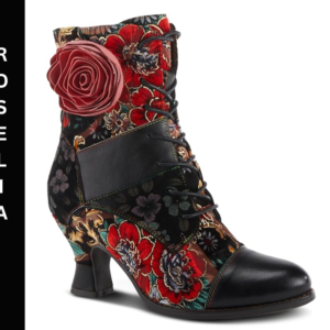 A black and red floral print boot with a rose on the side.