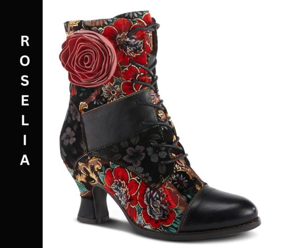 A black and red floral print boot with a rose on the side.
