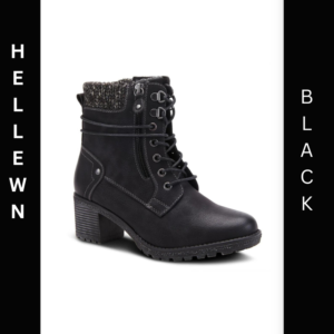 A black boot with a lace up front and a heel.