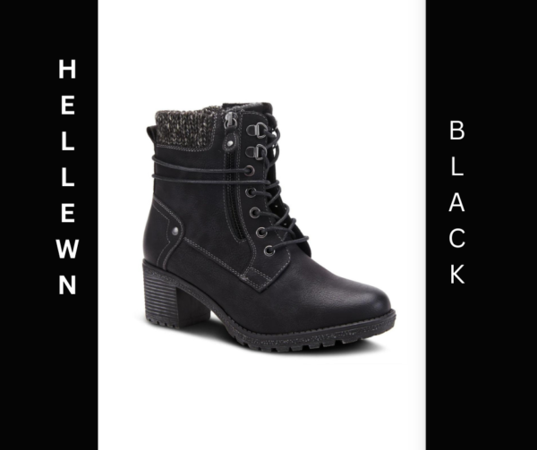A black boot with a lace up front and a heel.