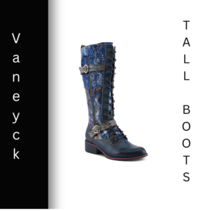 A tall blue boot with metal buckles and straps.