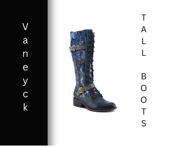 A tall blue boot with metal buckles and straps.