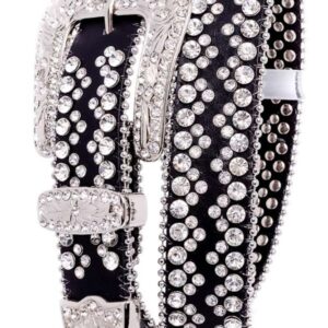 A black belt with silver and clear rhinestones.