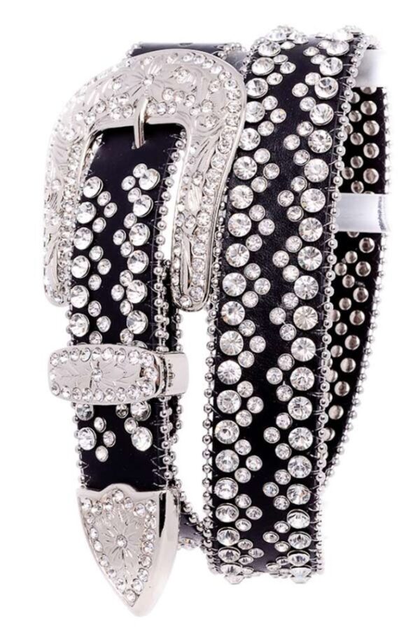 A black belt with silver and clear rhinestones.