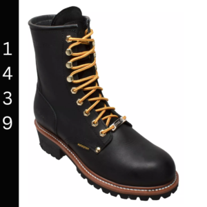 A black logger boot with yellow laces.