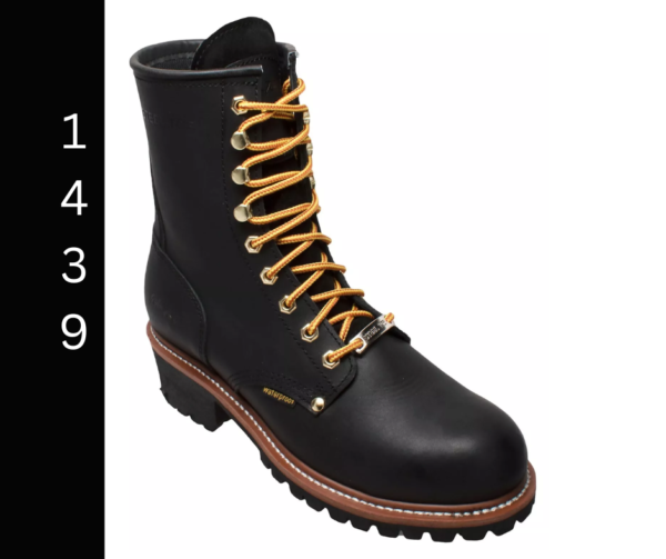A black logger boot with yellow laces.