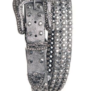 A silver belt with metal studs and rhinestones.