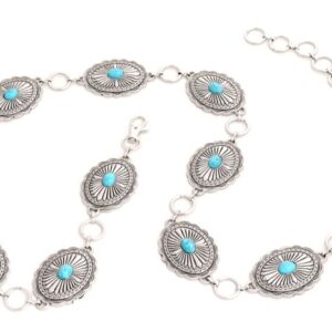 A silver chain with turquoise stones on it.