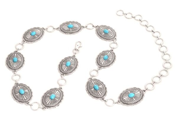 A silver chain with turquoise stones on it.