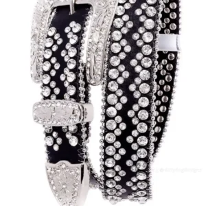 A close up of a belt with diamonds on it