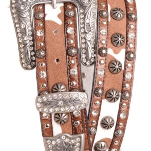 A brown and white leather belt with silver conchos.