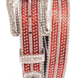 A red and silver belt with white stones