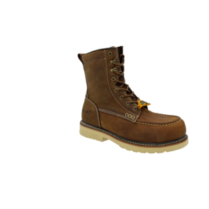 A brown work boot with yellow laces.