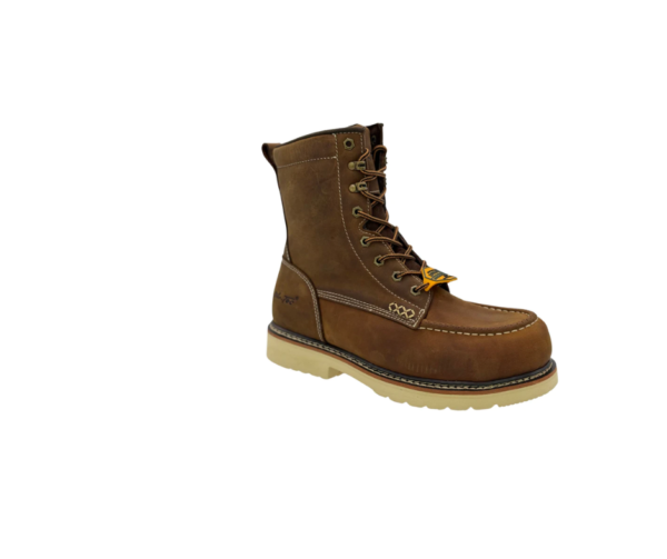 A brown work boot with yellow laces.