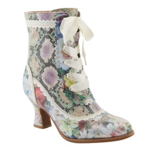 A floral print boot with white laces and a heel.