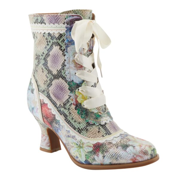 A floral print boot with white laces and a heel.