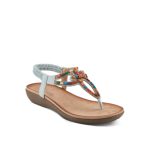 A pair of sandals with colorful straps and an orange bow.