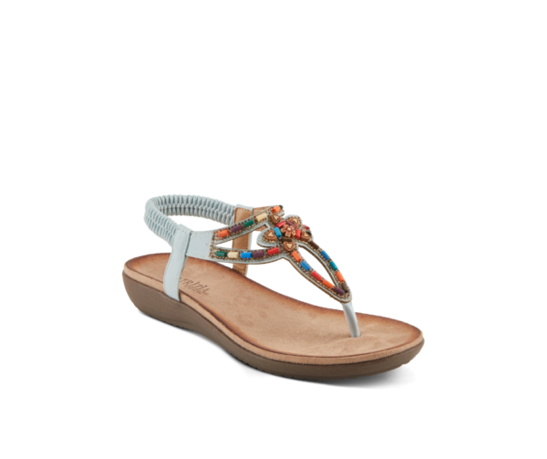 A pair of sandals with colorful straps and an orange bow.