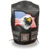 A black leather vest with an eagle and american flag on it.