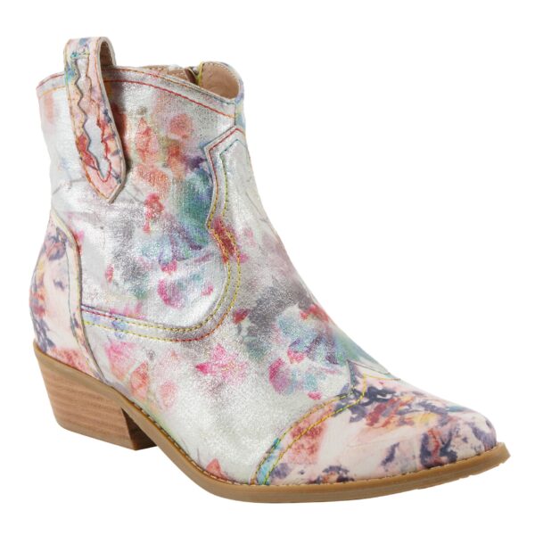 A floral print ankle boot with a gold zipper.
