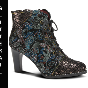 A black and silver boot with a floral design.
