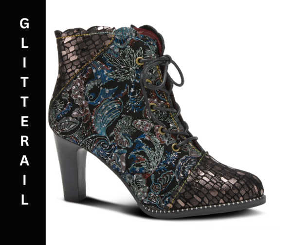 A black and silver boot with a floral design.