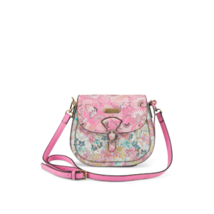 A pink purse with flowers on it.