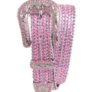 A pink belt with many rows of rhinestones