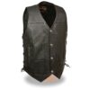 A black leather vest with two buttons on the front.