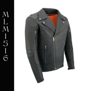 A black leather jacket with orange lining.