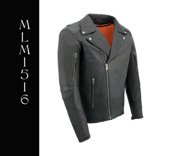A black leather jacket with orange lining.