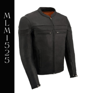 A black leather jacket with orange lining.