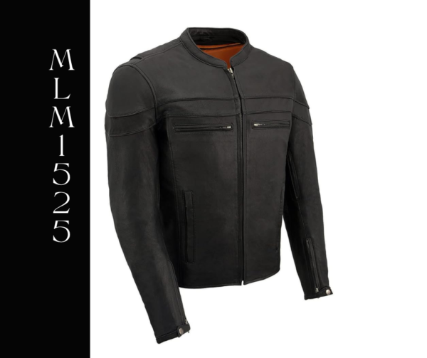 A black leather jacket with orange lining.