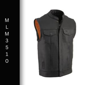 A black leather vest with orange lining.