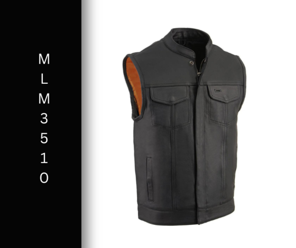 A black leather vest with orange lining.