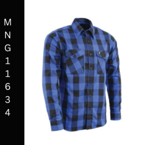 A blue and black checkered shirt is on the ground