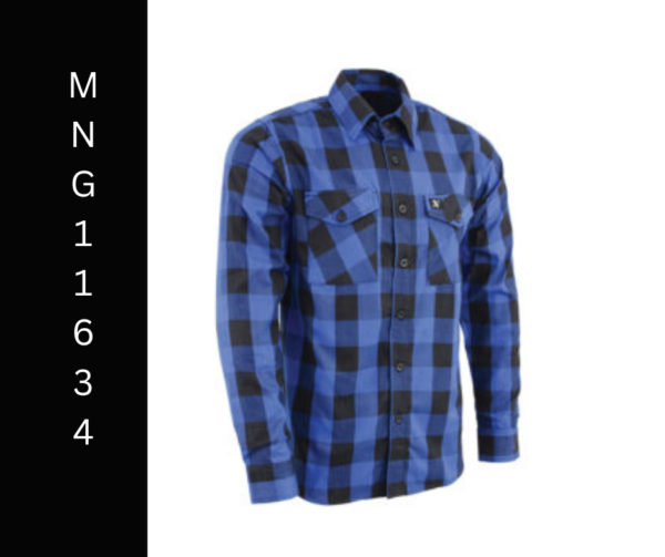 A blue and black checkered shirt is on the ground