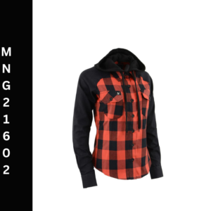 A red and black plaid shirt with a hood.