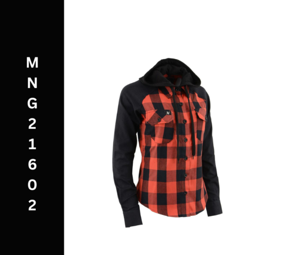 A red and black plaid shirt with a hood.