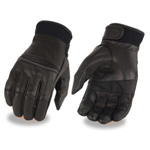 A pair of black leather gloves with velcro closure.