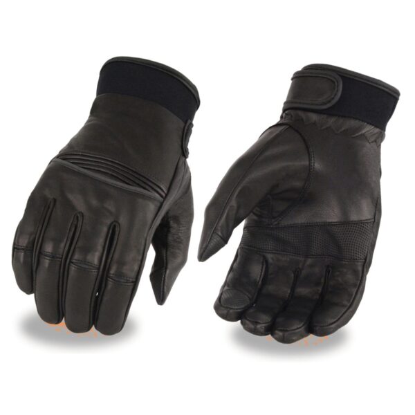 A pair of black leather gloves with velcro closure.