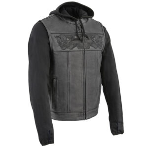 A black and gray jacket with hood on top of it.
