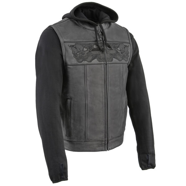 A black and gray jacket with hood on top of it.