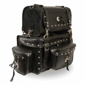 A black leather backpack with silver studs on it.